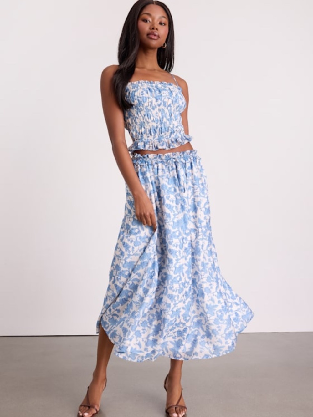 NWT Lulus Denarius White And Blue Leaf Print Two-piece Midi Dress - Size XS